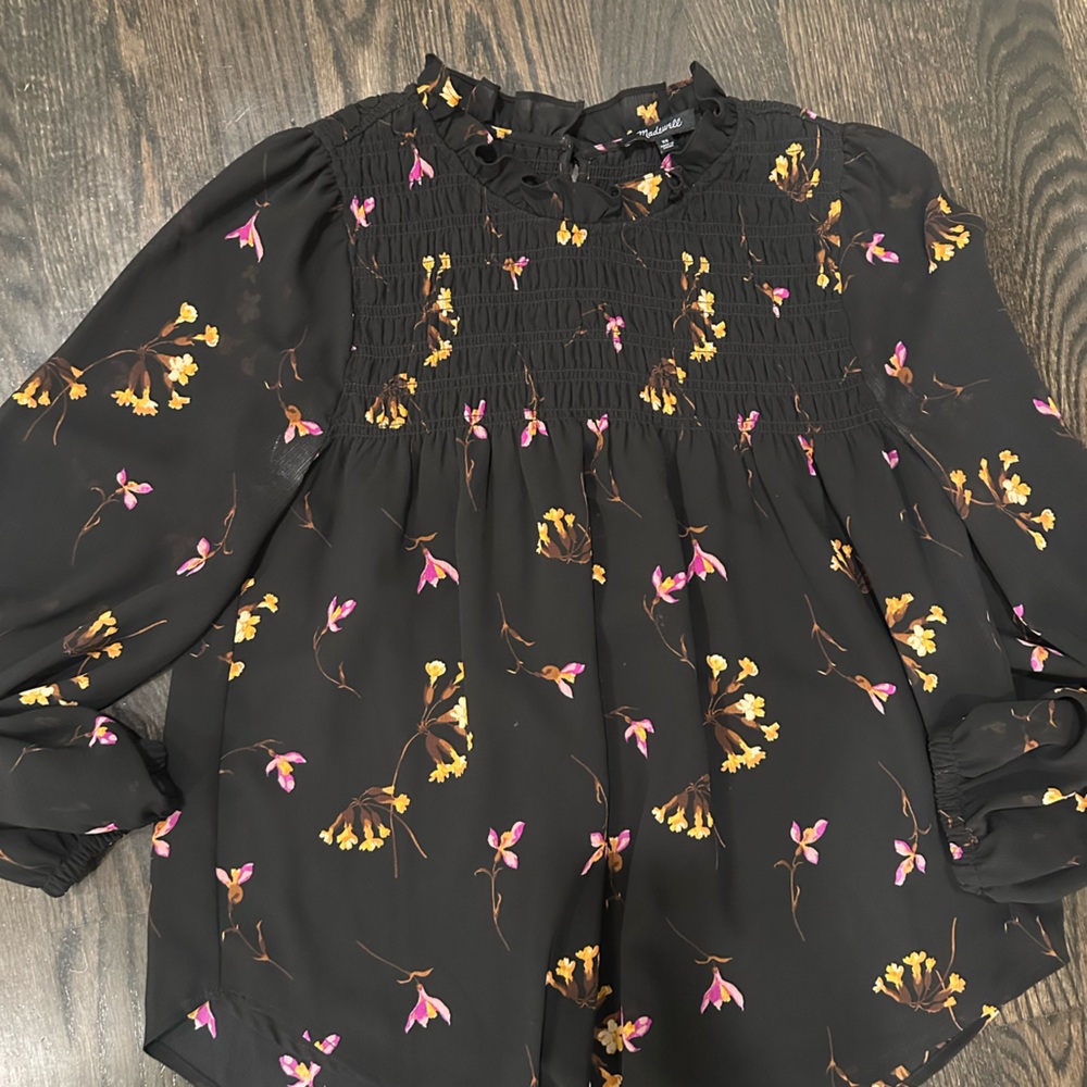 Madewell Women’s Black Blouse with Pink and Yellow Floral Design- size XS